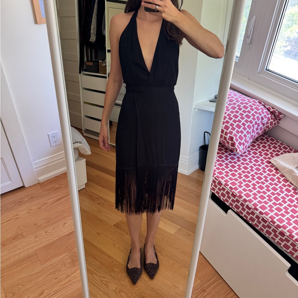 Elegant Black Fringe Halter Dress
